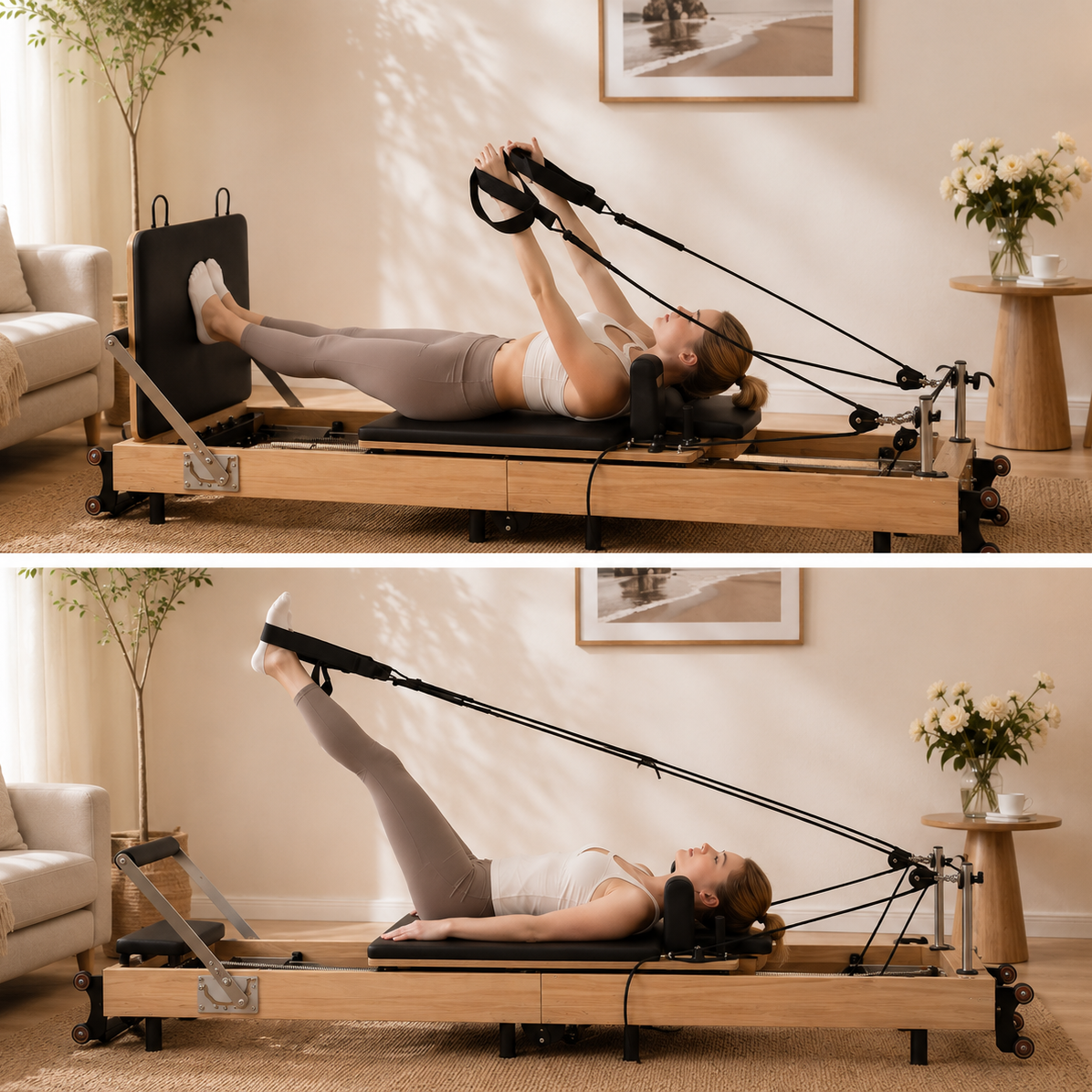 Aura Foldable Pilates Reformer for Home Studio, Oak Wood, 6 Springs