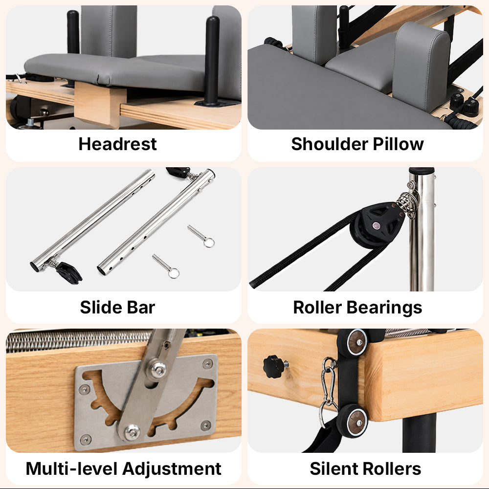 Aura Foldable Pilates Reformer for Home Studio, Oak Wood, 6 Springs