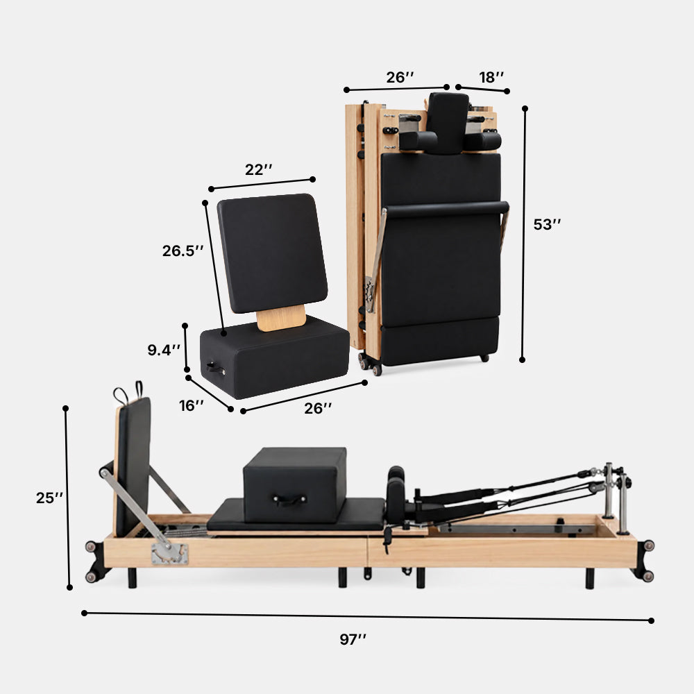 Aura Foldable Pilates Reformer for Home Studio, Oak Wood, 6 Springs