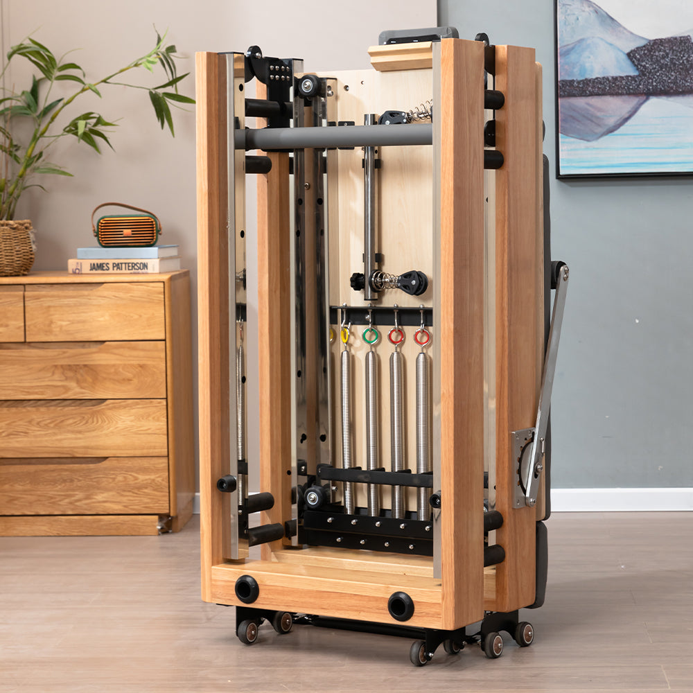 Aura Foldable Pilates Reformer for Home Studio, Oak Wood, 6 Springs